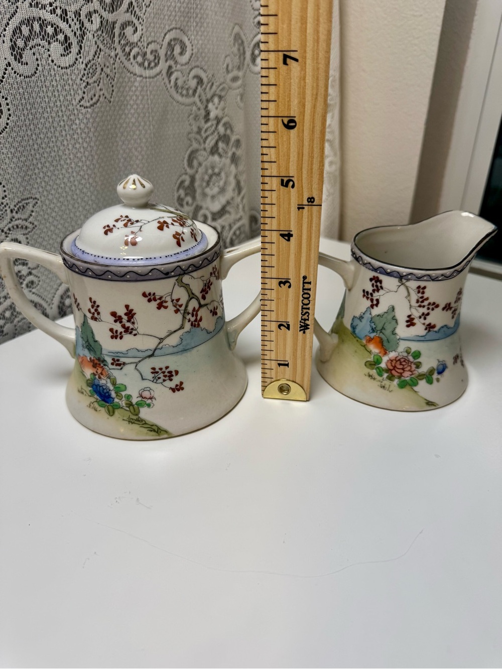 Vintage Japanese Lusterware Sugar Bowl & Creamer Set,Hand Painted Pheasant Torii - Picture 4 of 6